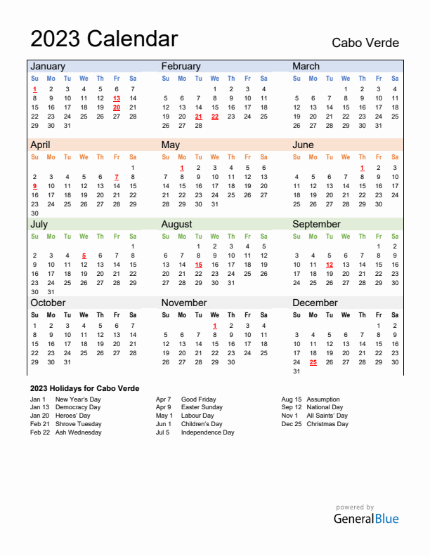 Calendar 2023 with Cabo Verde Holidays