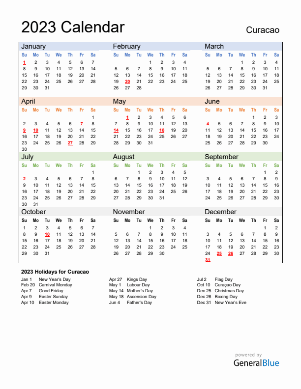 Calendar 2023 with Curacao Holidays