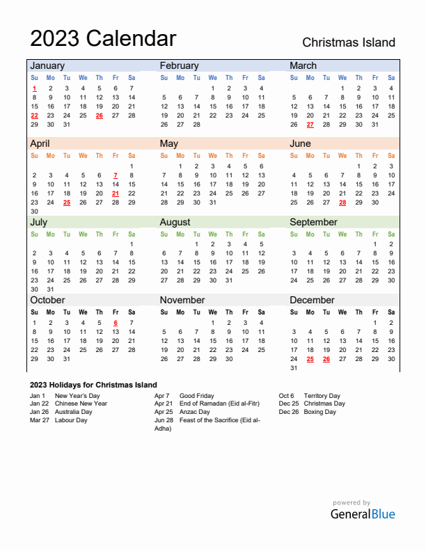 Calendar 2023 with Christmas Island Holidays