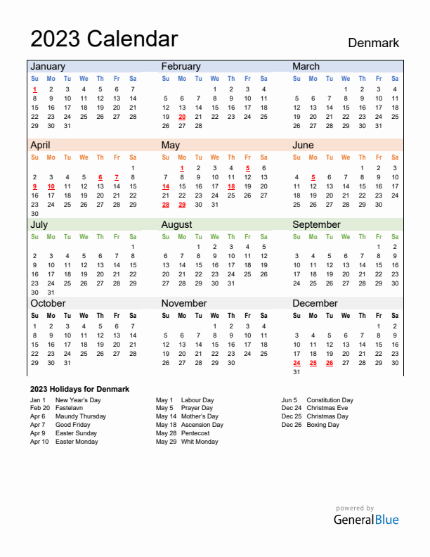 Calendar 2023 with Denmark Holidays