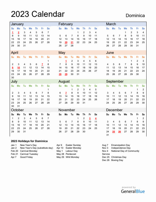 Calendar 2023 with Dominica Holidays