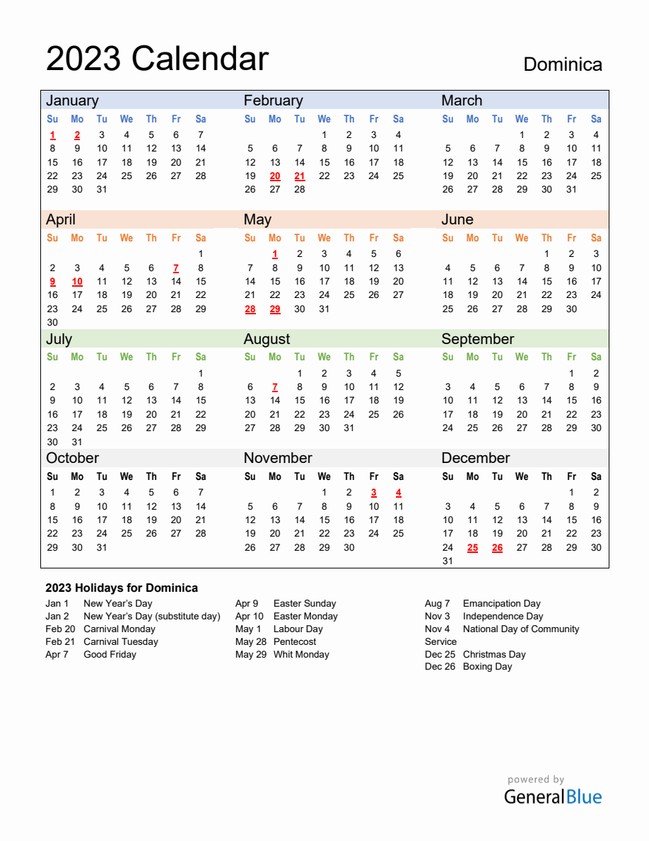 Annual Calendar 2023 with Dominica Holidays