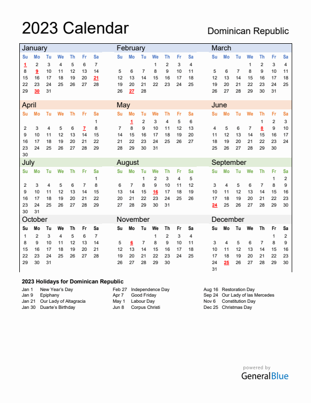 Calendar 2023 with Dominican Republic Holidays
