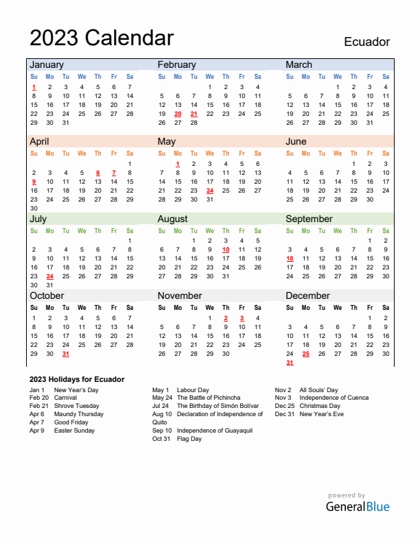 Calendar 2023 with Ecuador Holidays