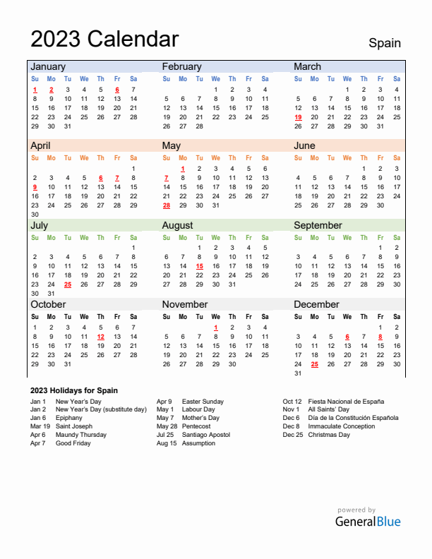 Calendar 2023 with Spain Holidays