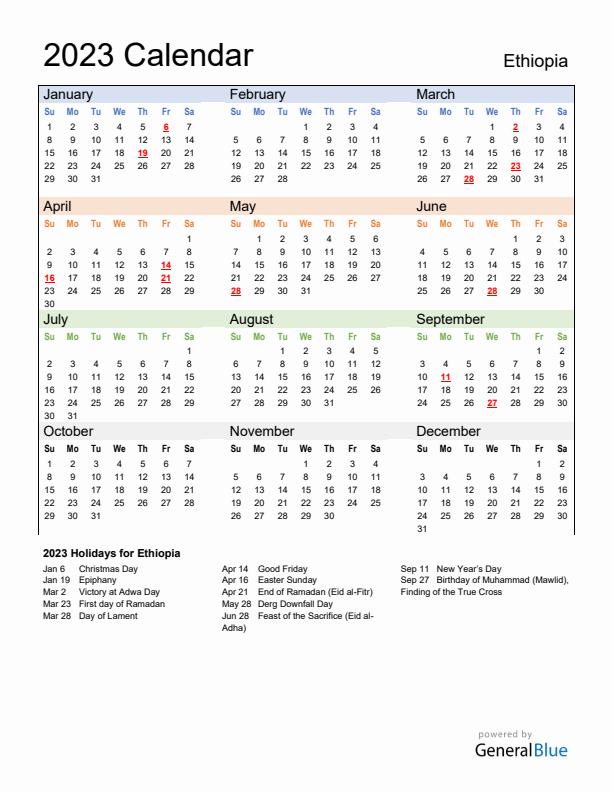 Calendar 2023 with Ethiopia Holidays