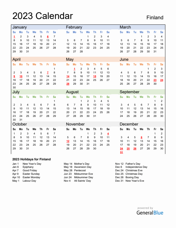 Calendar 2023 with Finland Holidays