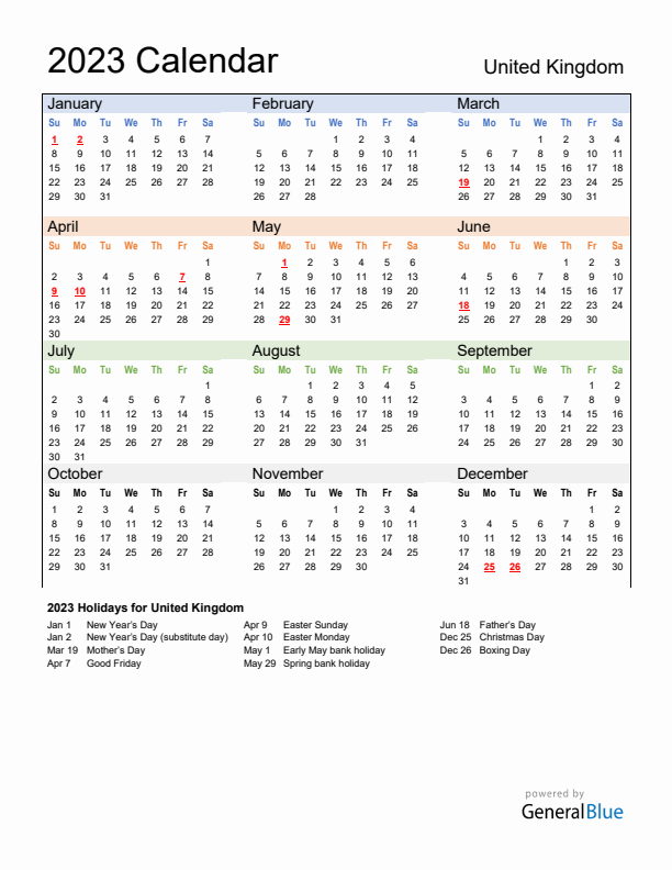 Calendar 2023 with United Kingdom Holidays