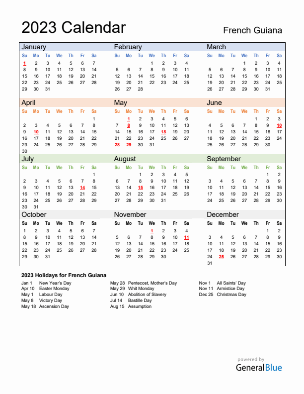 Calendar 2023 with French Guiana Holidays