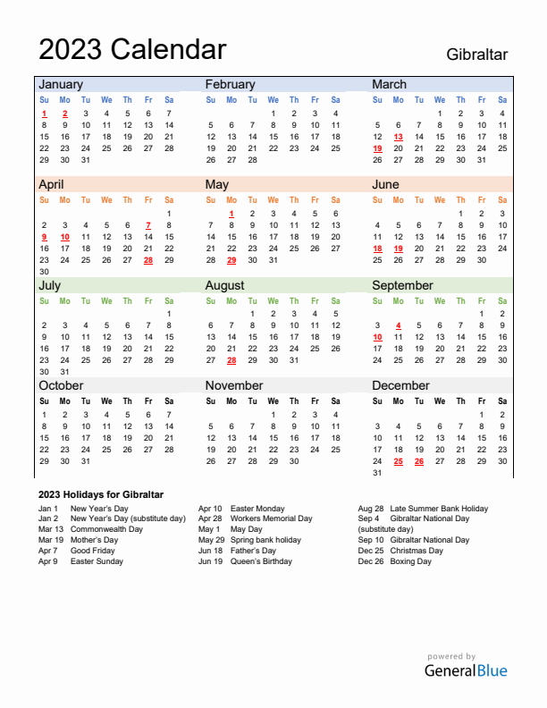 Calendar 2023 with Gibraltar Holidays