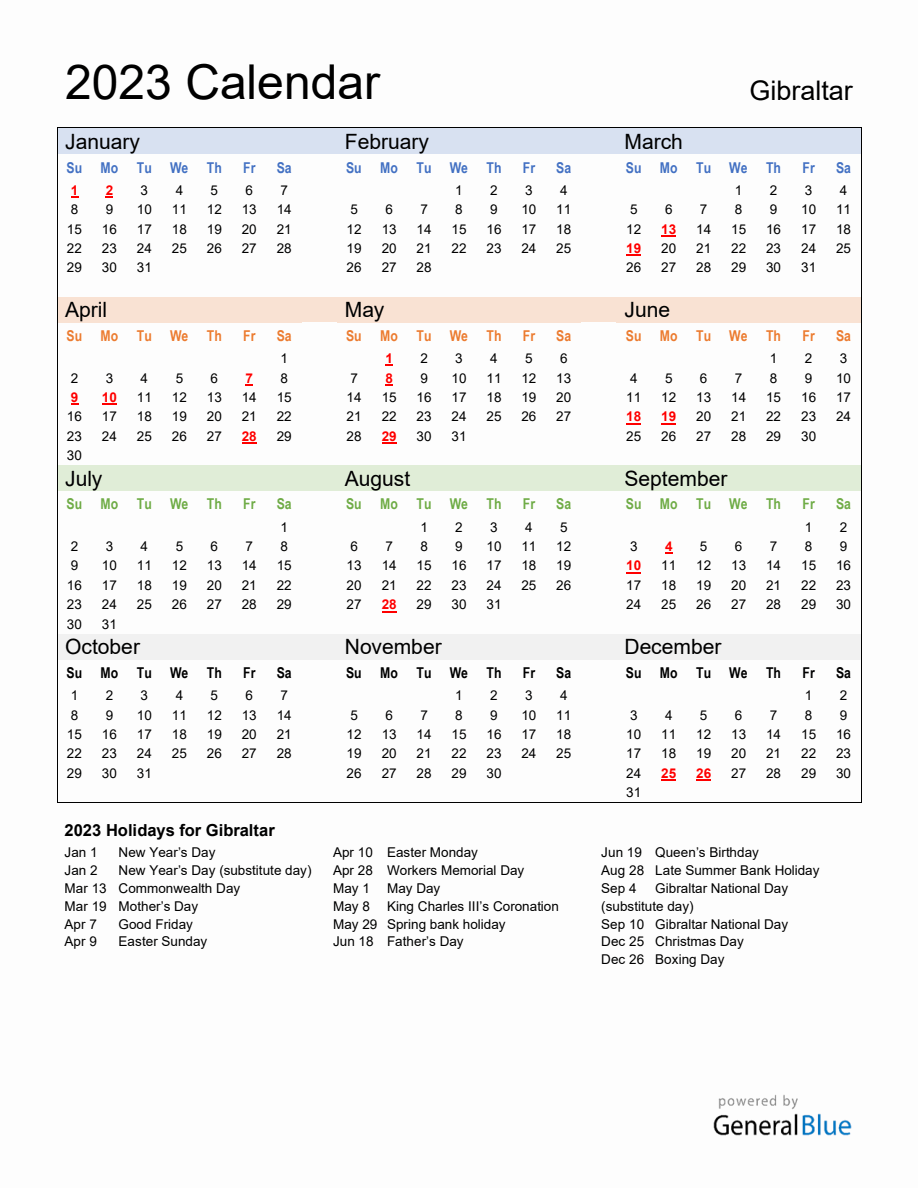 Annual Calendar 2023 with Gibraltar Holidays