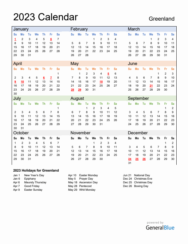 Calendar 2023 with Greenland Holidays