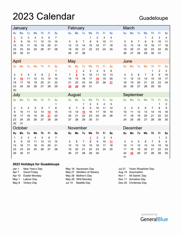 Calendar 2023 with Guadeloupe Holidays