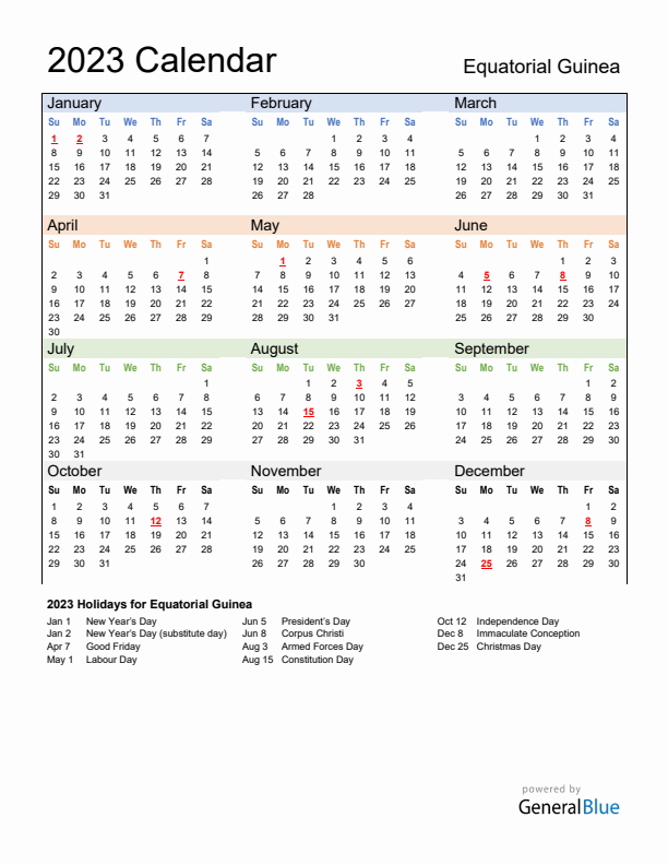 Calendar 2023 with Equatorial Guinea Holidays