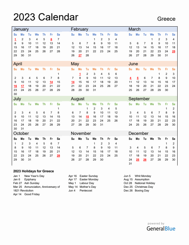 Calendar 2023 with Greece Holidays