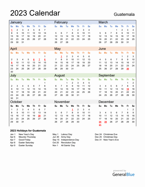Calendar 2023 with Guatemala Holidays