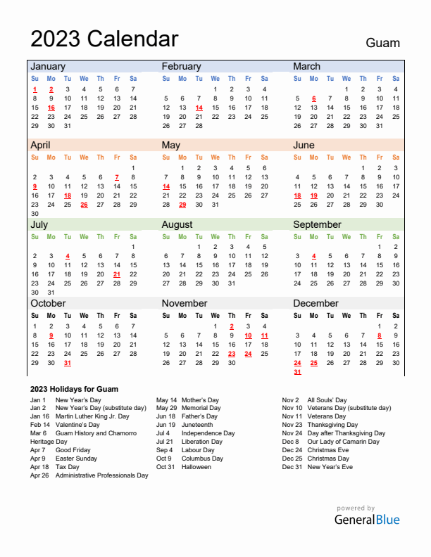 Calendar 2023 with Guam Holidays