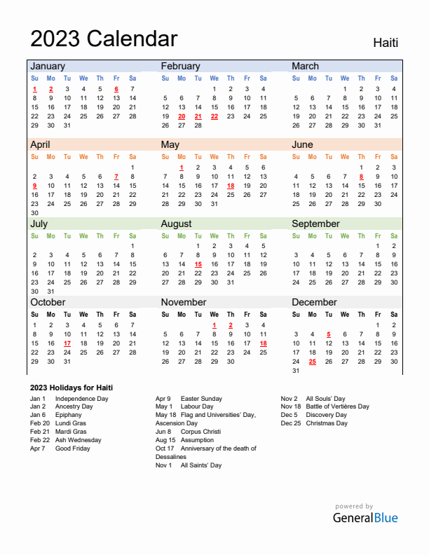 Calendar 2023 with Haiti Holidays