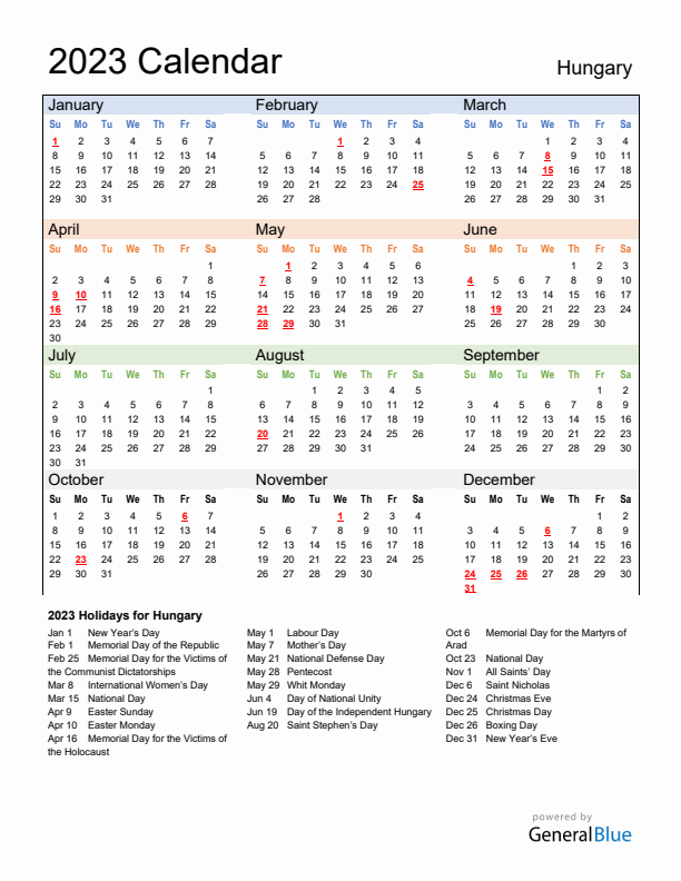 Calendar 2023 with Hungary Holidays