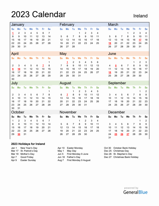 Calendar 2023 with Ireland Holidays