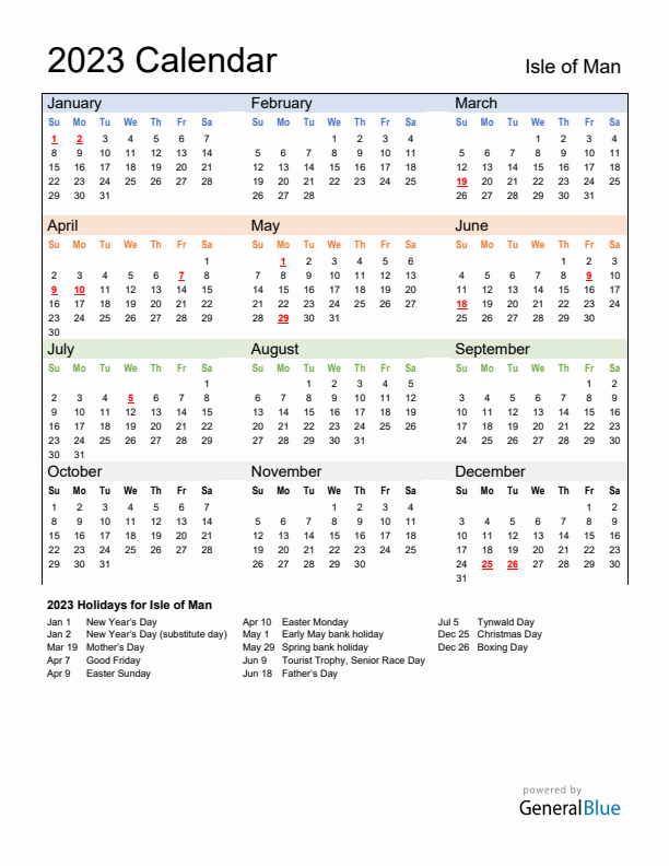 Calendar 2023 with Isle of Man Holidays