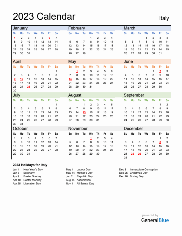 Calendar 2023 with Italy Holidays