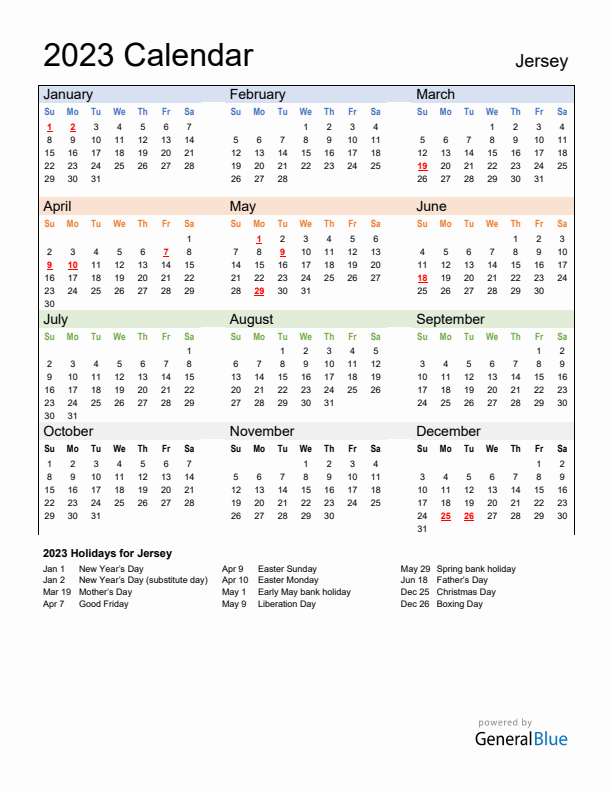 Calendar 2023 with Jersey Holidays