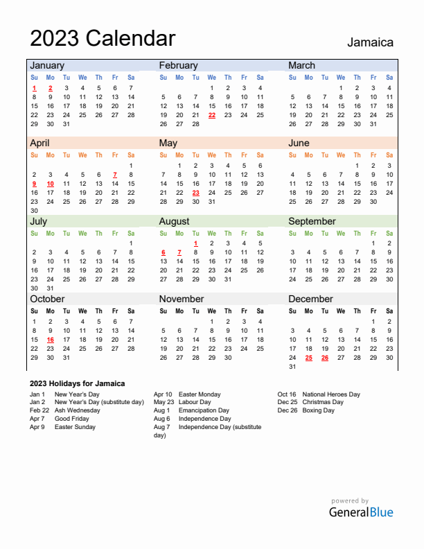 Calendar 2023 with Jamaica Holidays