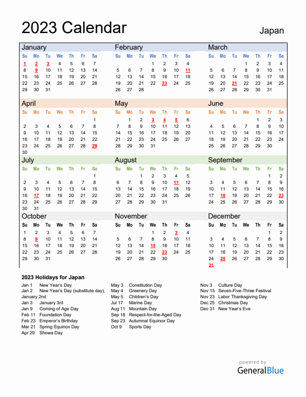 Calendar 2023 with Japan Holidays