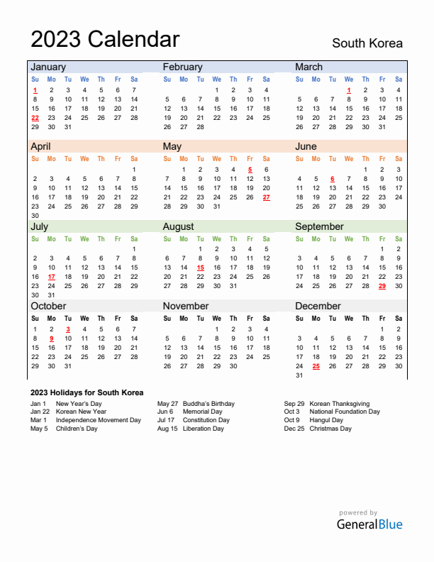 Calendar 2023 with South Korea Holidays