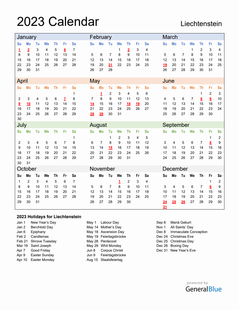 Annual Calendar 2023 with Liechtenstein Holidays