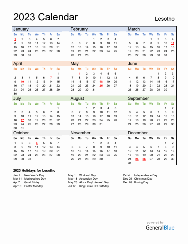 Calendar 2023 with Lesotho Holidays