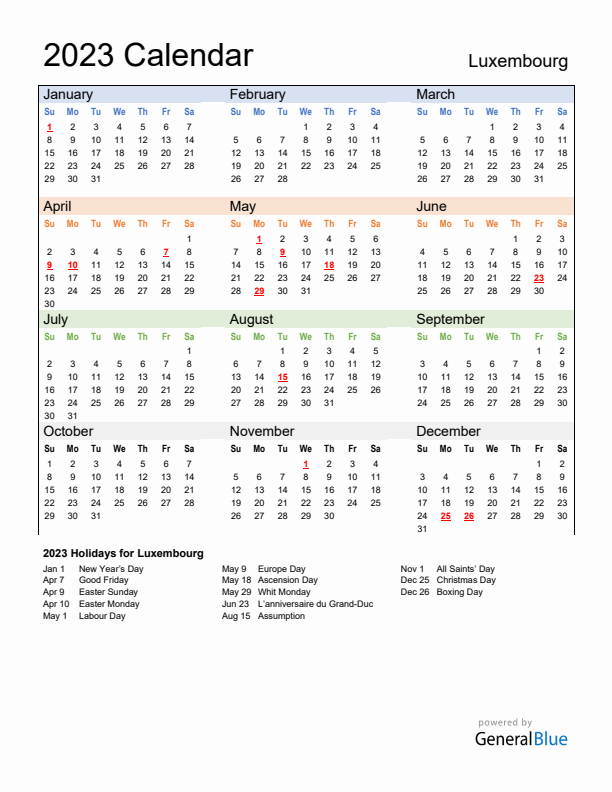 Calendar 2023 with Luxembourg Holidays