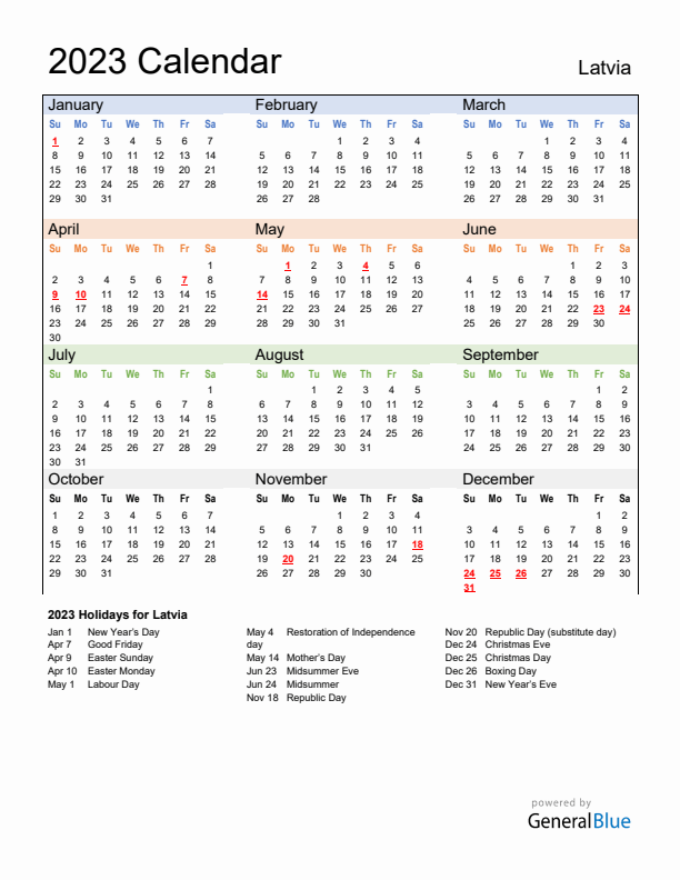 Calendar 2023 with Latvia Holidays