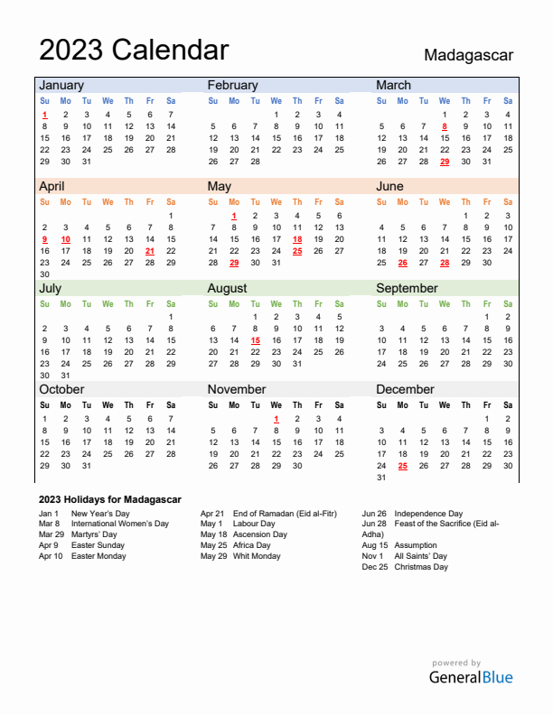 Calendar 2023 with Madagascar Holidays