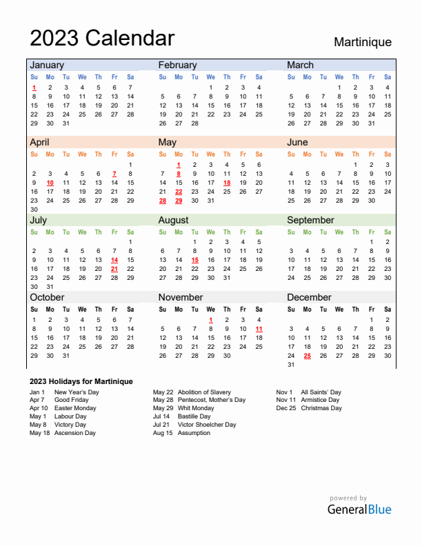 Calendar 2023 with Martinique Holidays