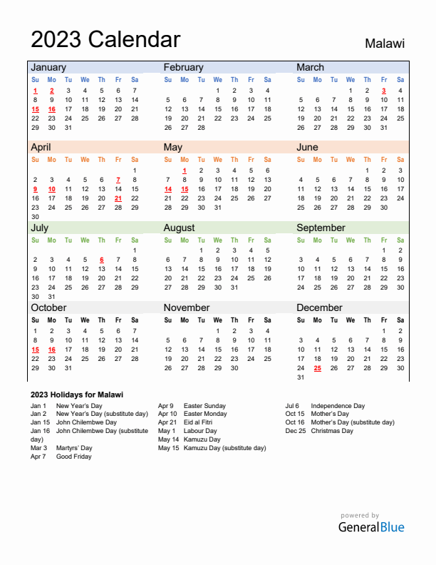 Calendar 2023 with Malawi Holidays