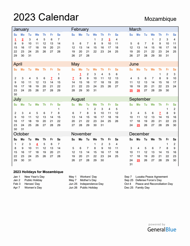 Calendar 2023 with Mozambique Holidays