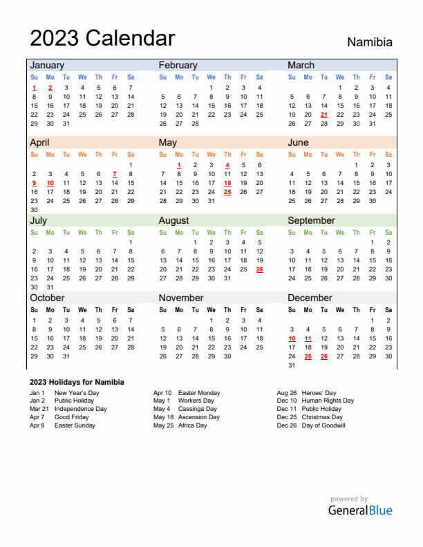 Calendar 2023 with Namibia Holidays