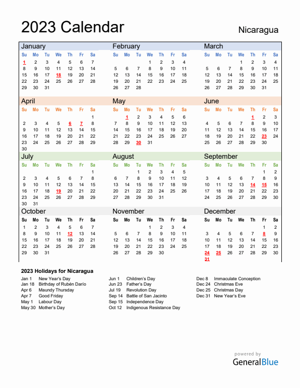 Calendar 2023 with Nicaragua Holidays