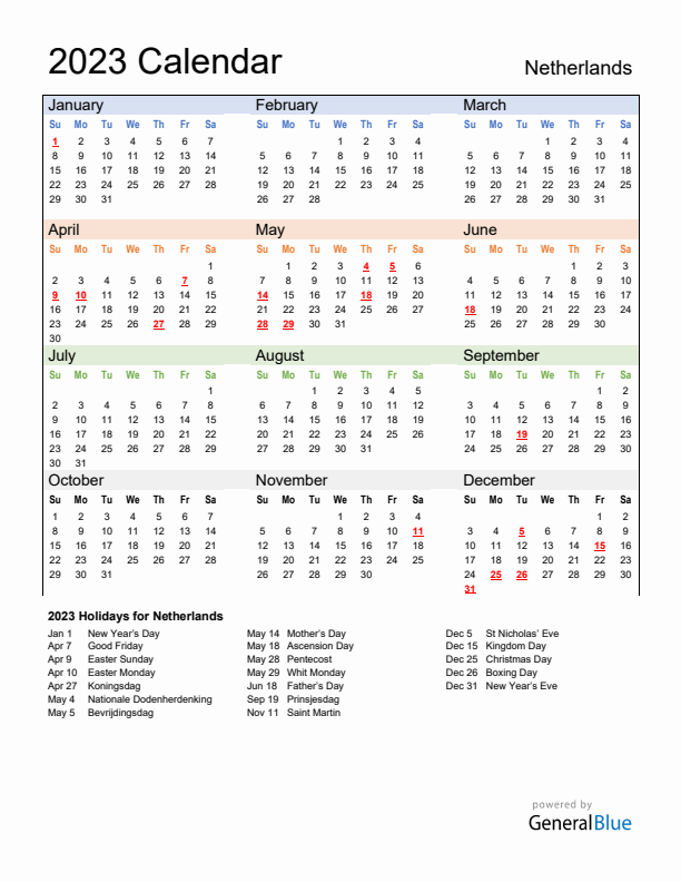 Calendar 2023 with The Netherlands Holidays
