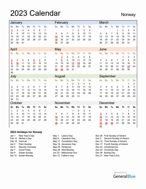 Calendar 2023 with Norway Holidays