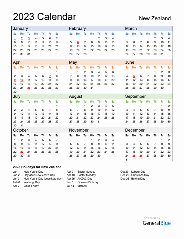 Calendar 2023 with New Zealand Holidays