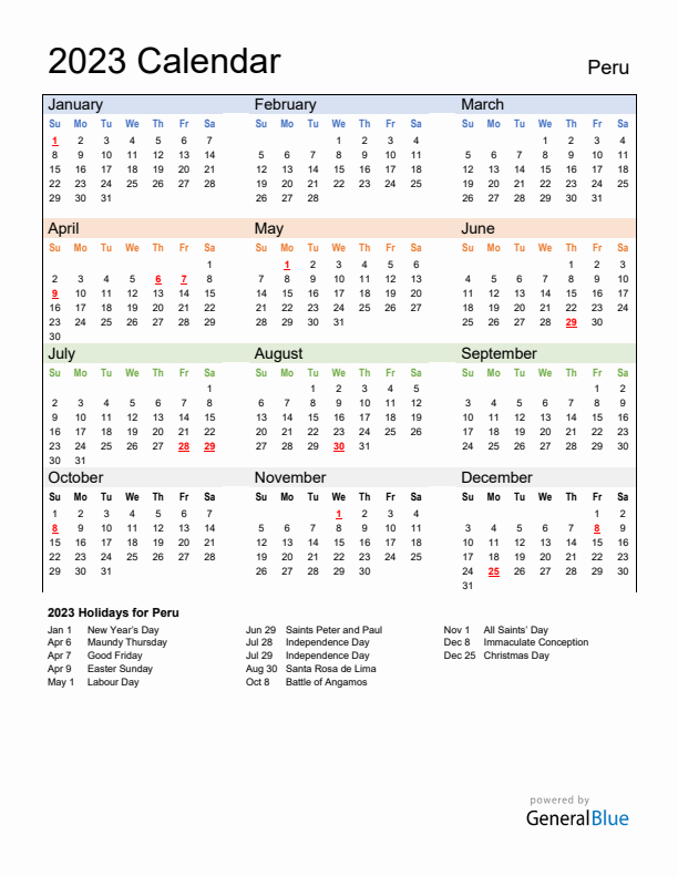 Calendar 2023 with Peru Holidays