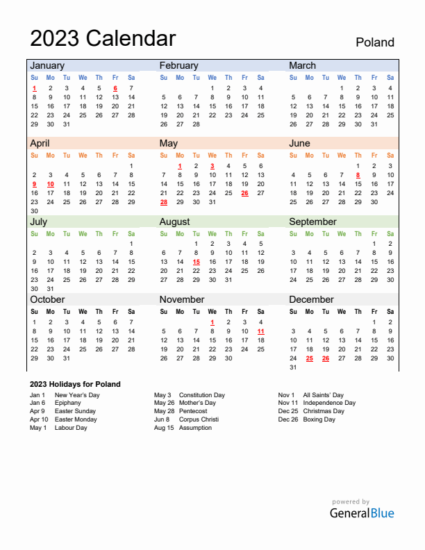 Calendar 2023 with Poland Holidays