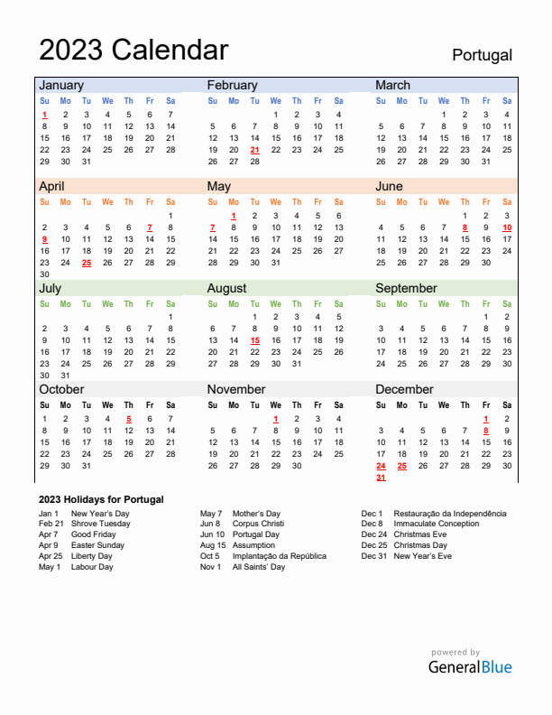 Calendar 2023 with Portugal Holidays