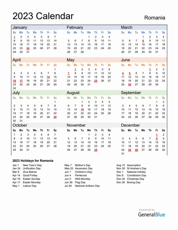Calendar 2023 with Romania Holidays