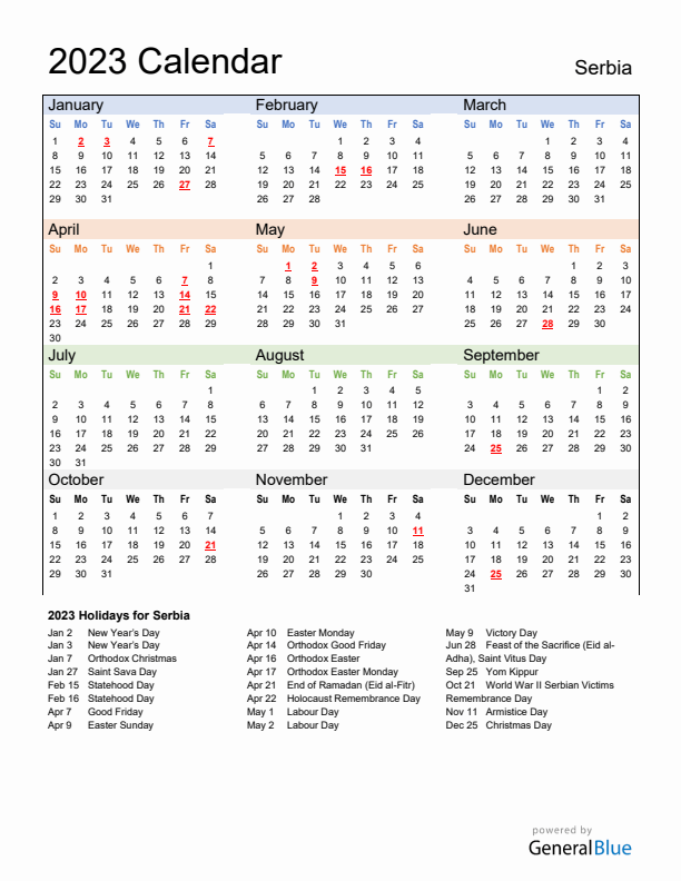 Calendar 2023 with Serbia Holidays