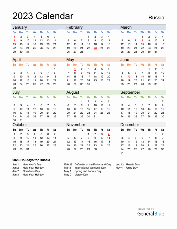 Calendar 2023 with Russia Holidays