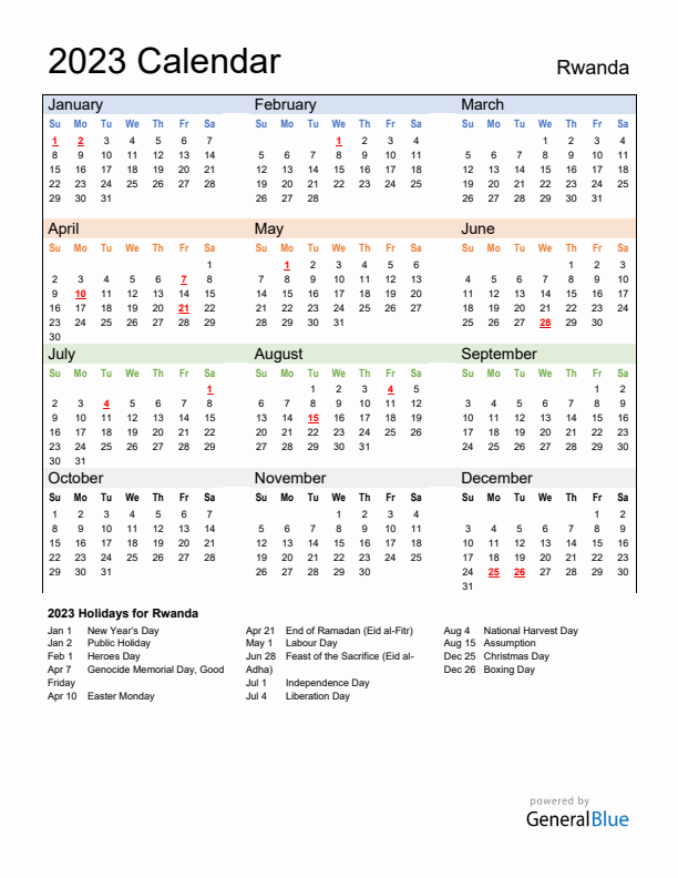 Calendar 2023 with Rwanda Holidays